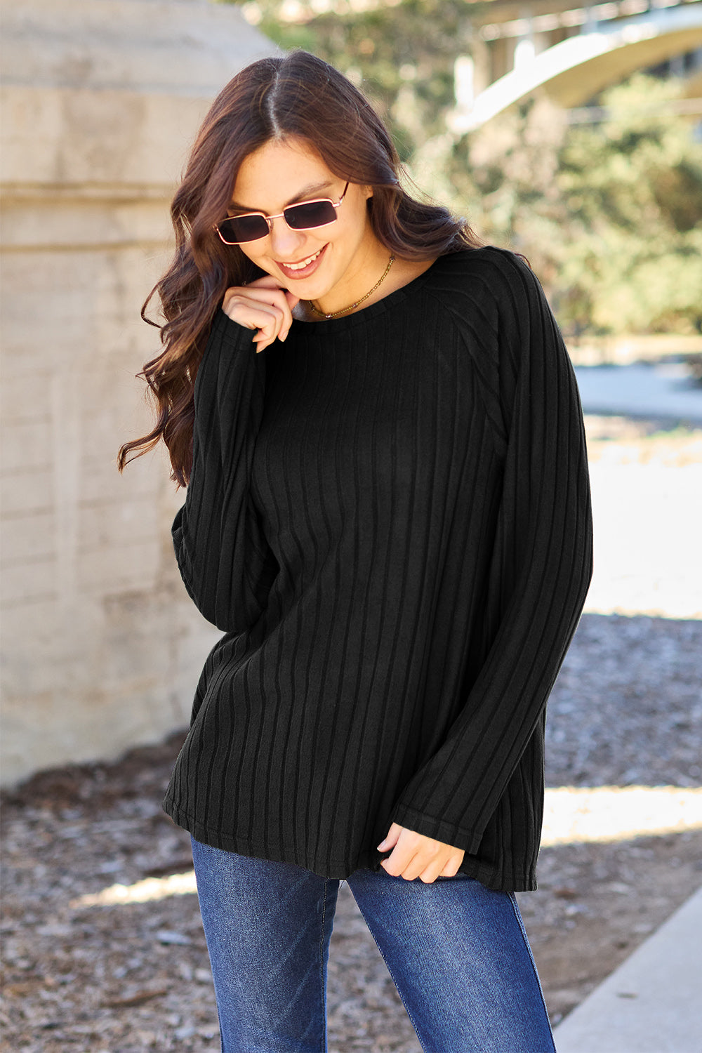 Basic Bae Full Size Ribbed Round Neck Long Sleeve Knit Top - The Boutie Shop