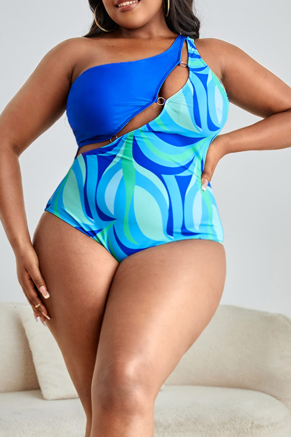 Plus Size Printed Ring Detail One-Shoulder One-Piece Swimsuit - The Boutie Shop