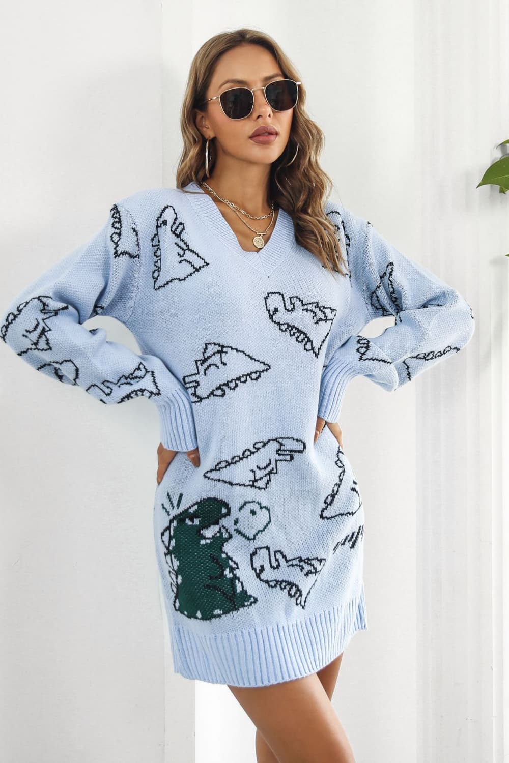 Dinosaur Pattern V-Neck Sweater Dress - The Boutie Shop