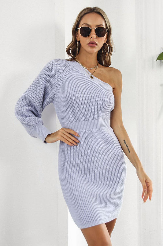One Shoulder Raglan Sleeve Pencil Sweater Dress - The Boutie Shop