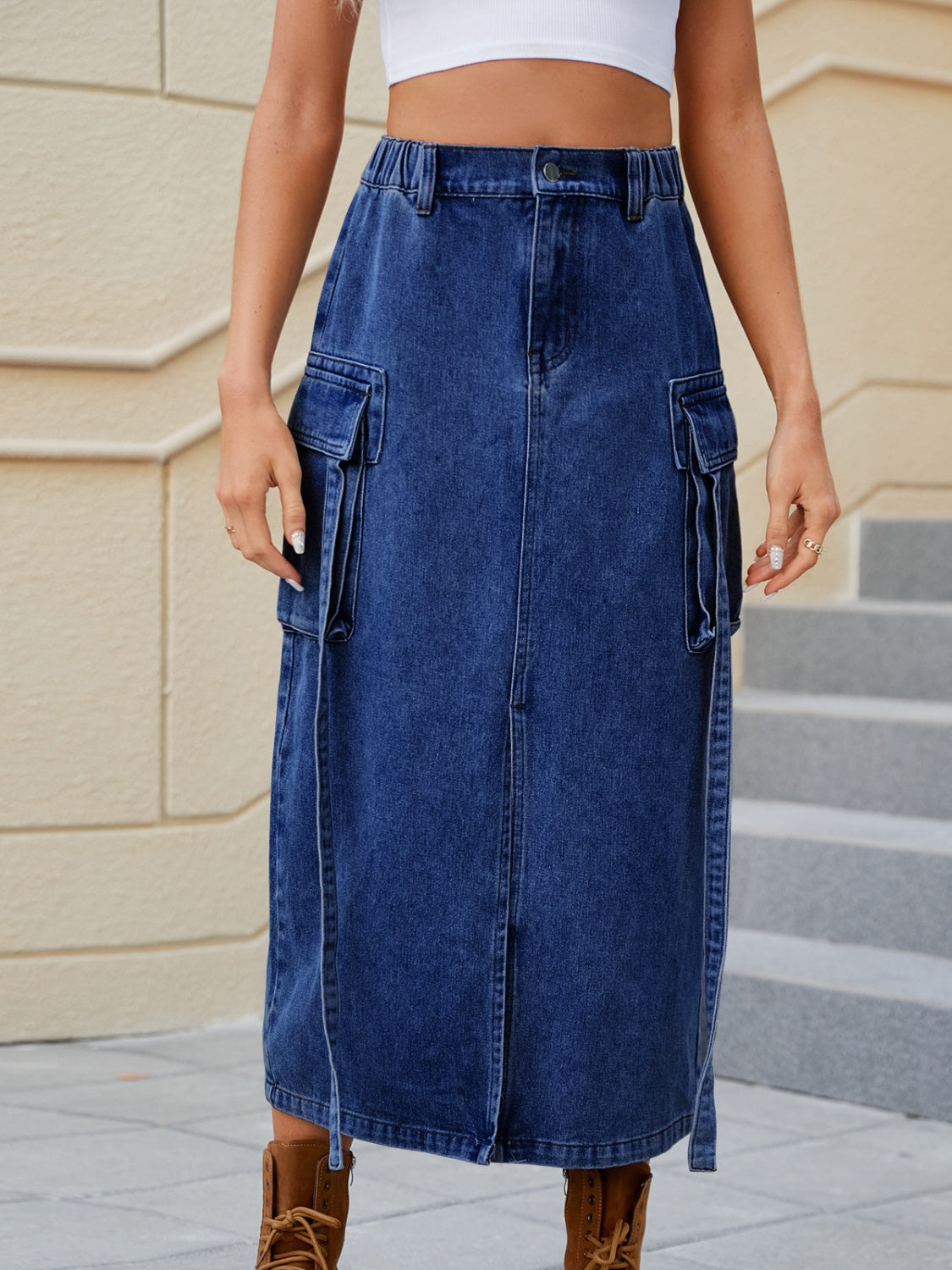 Slit Pocketed High Waist Denim Skirt - The Boutie Shop