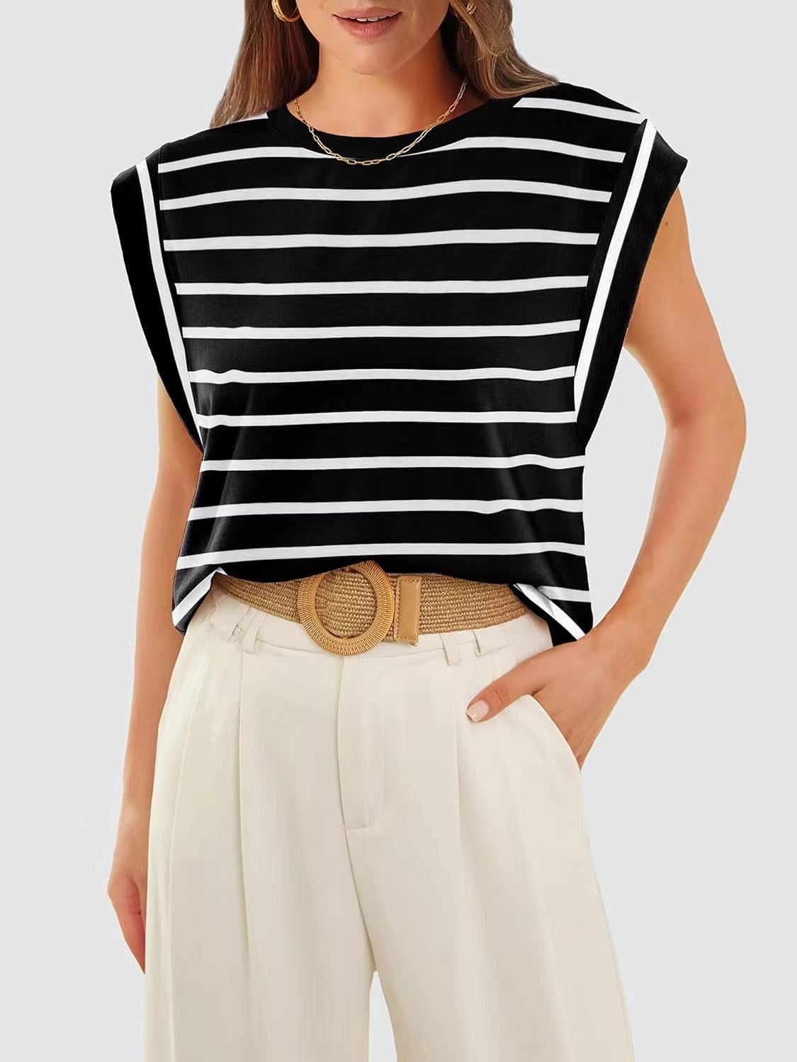 Striped Round Neck Cap Sleeve T-Shirt - The Boutie Shop