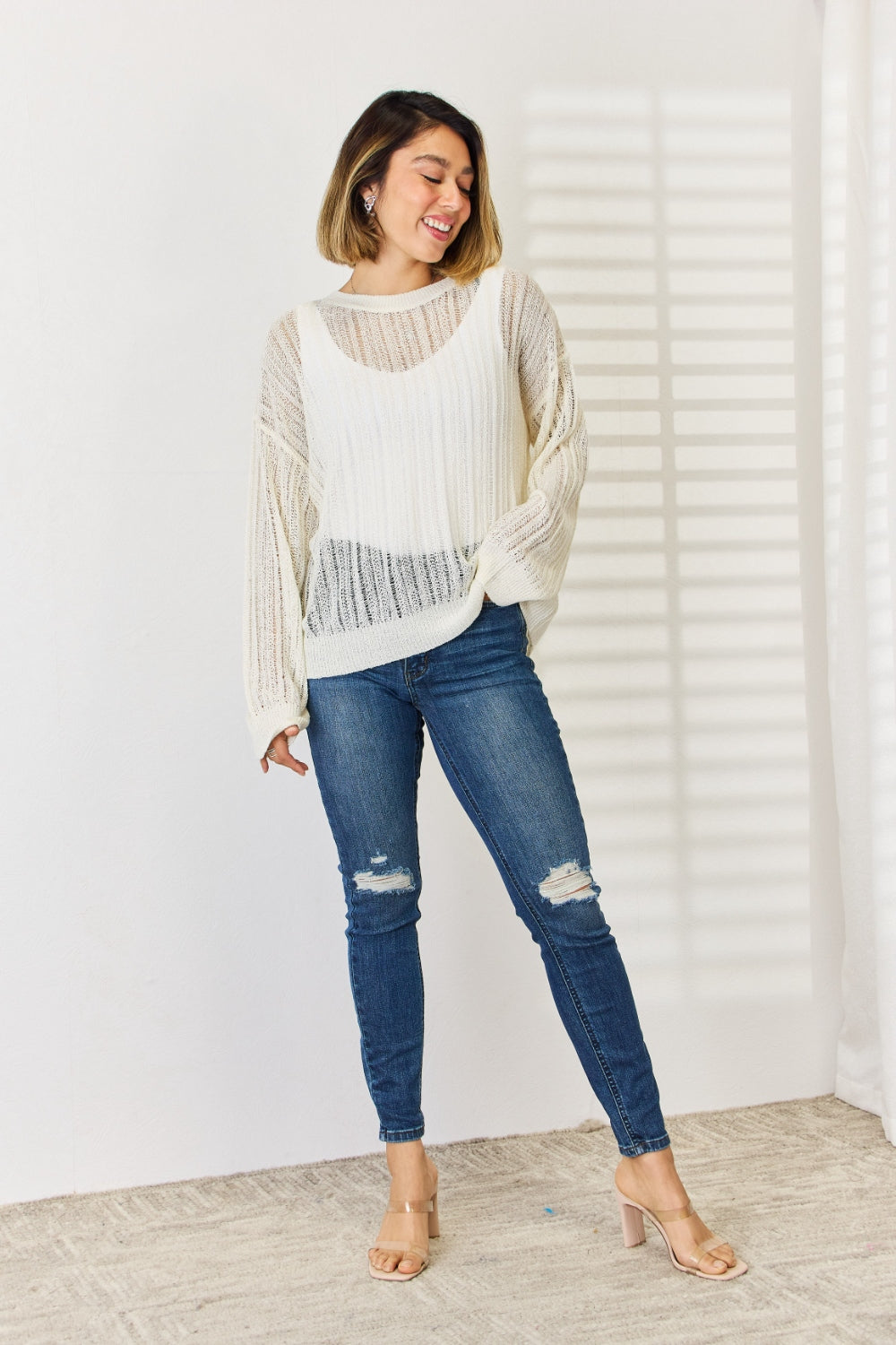 HYFVE Openwork Ribbed Trim Long Sleeve Knit Top - The Boutie Shop