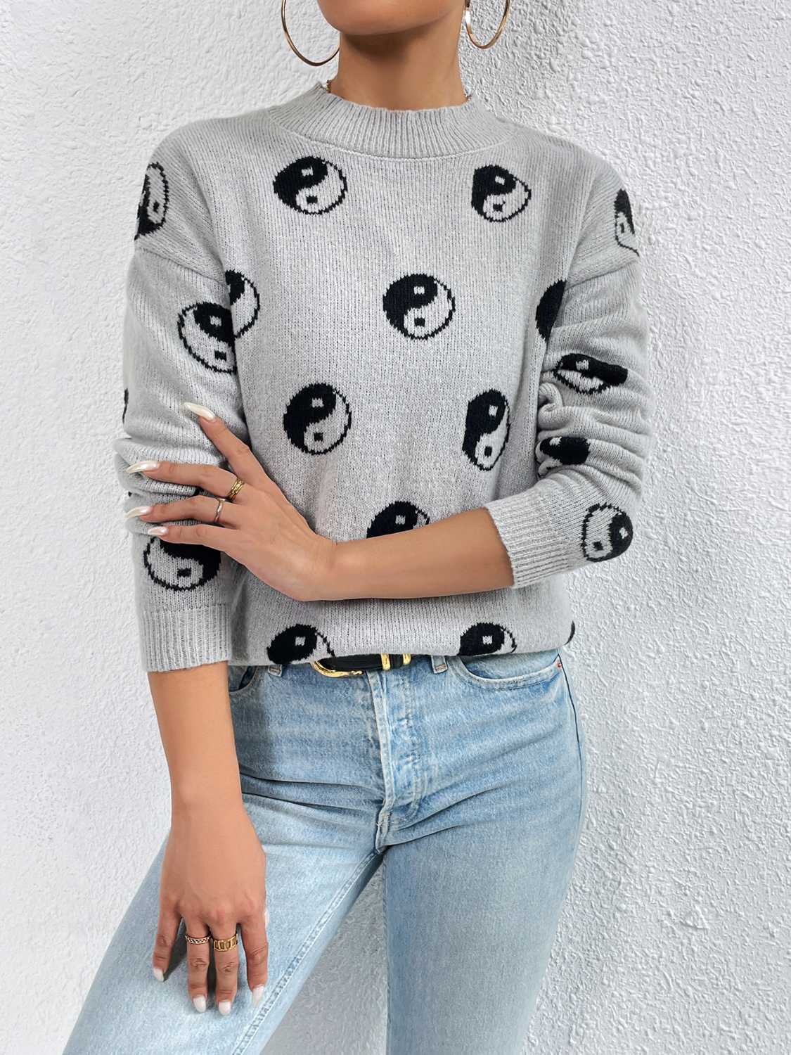 Patterned Drop Shoulder Sweater - The Boutie Shop