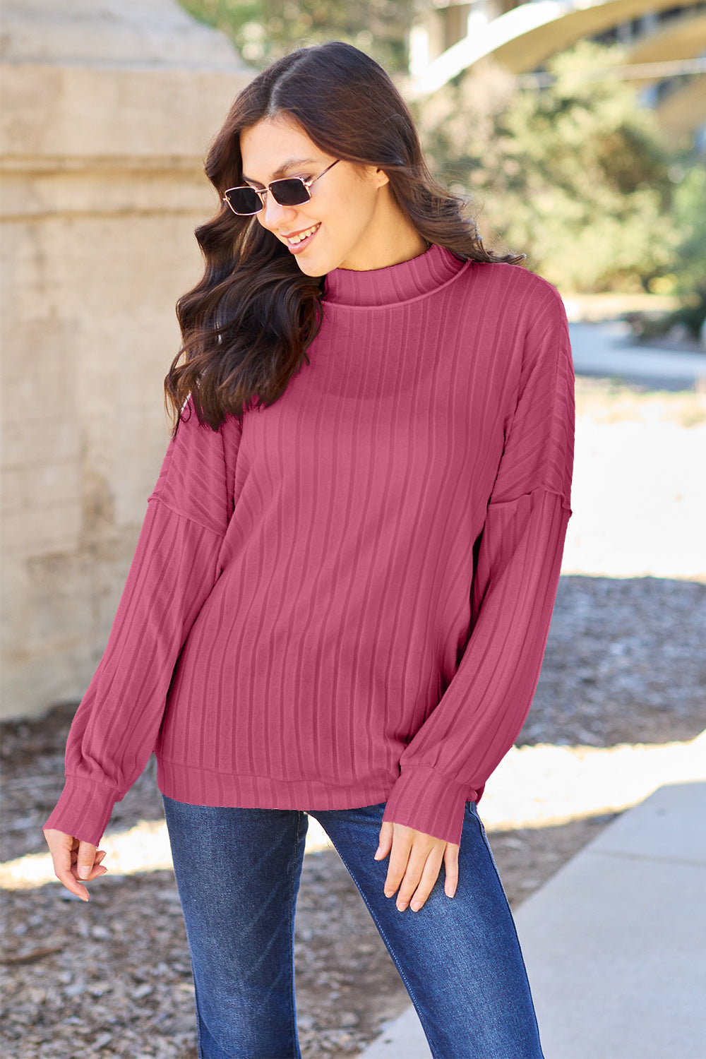 Basic Bae Full Size Ribbed Exposed Seam Mock Neck Knit Top - The Boutie Shop