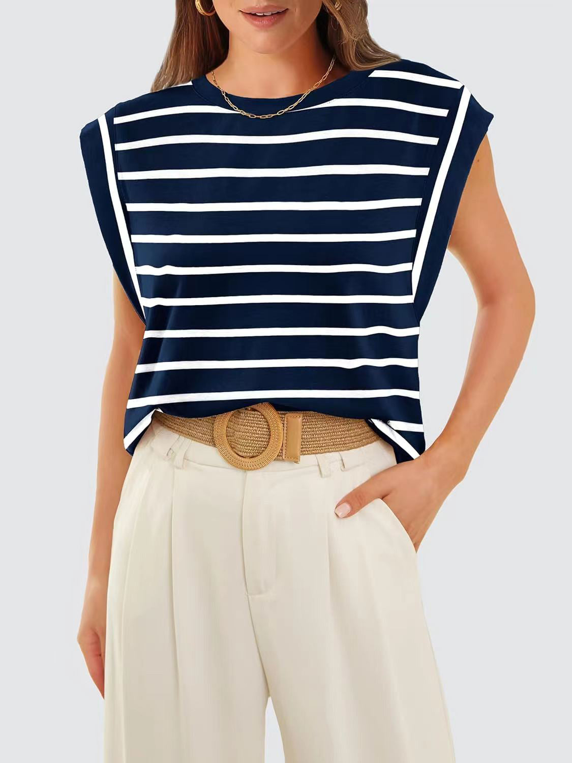 Striped Round Neck Cap Sleeve T-Shirt - The Boutie Shop