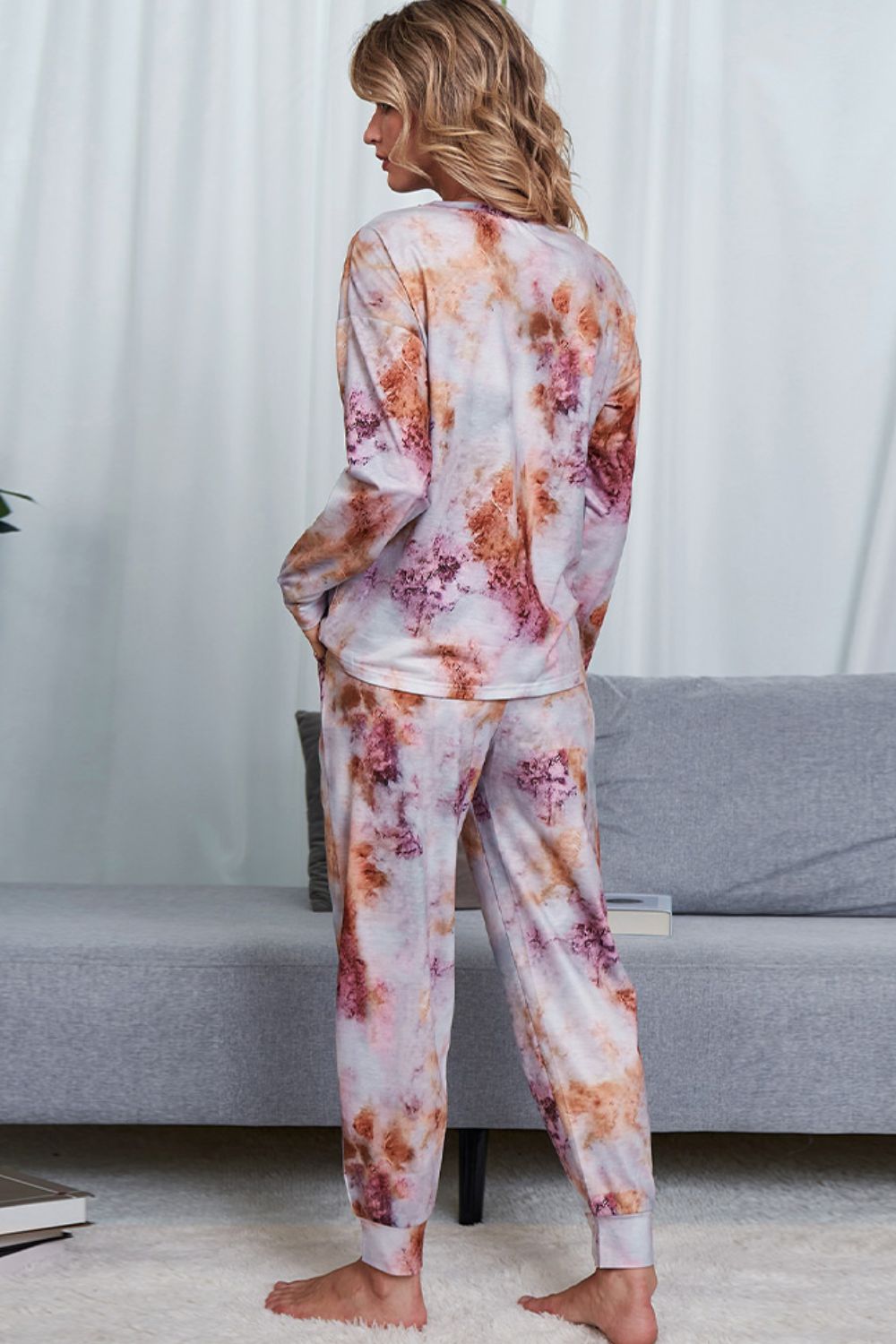 Shiny Tie-Dye Crewneck Top and Drawstring Waist Joggers Lounge Set - The Boutie Shop