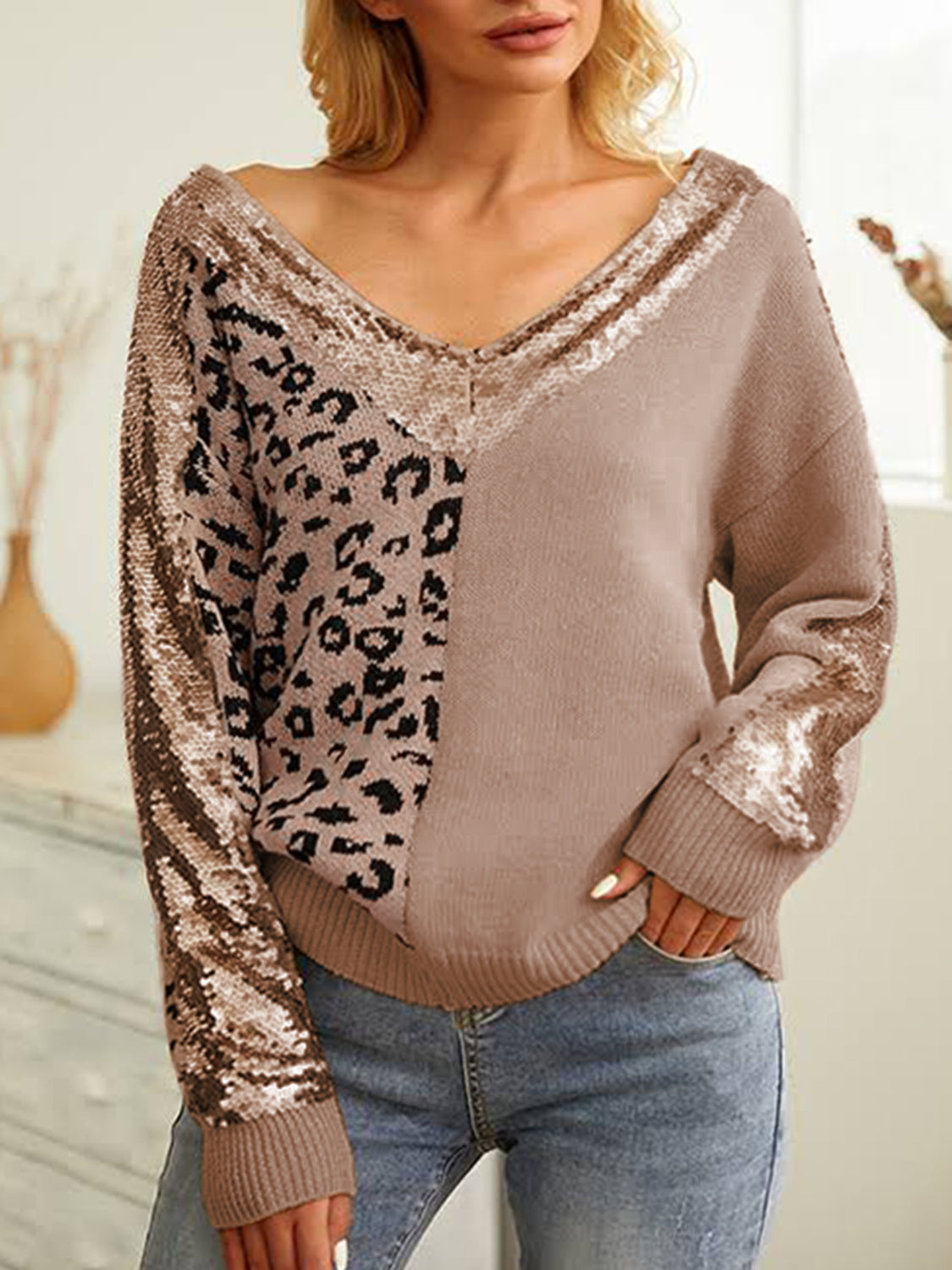 Leopard Sequin V-Neck Long Sleeve Sweater - The Boutie Shop