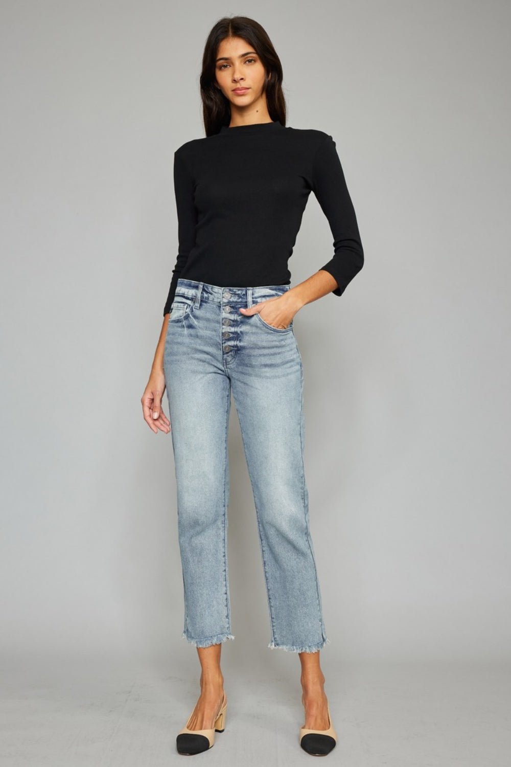 Kancan High Waist Button Fly Raw Hem Cropped Straight Jeans - The Boutie Shop