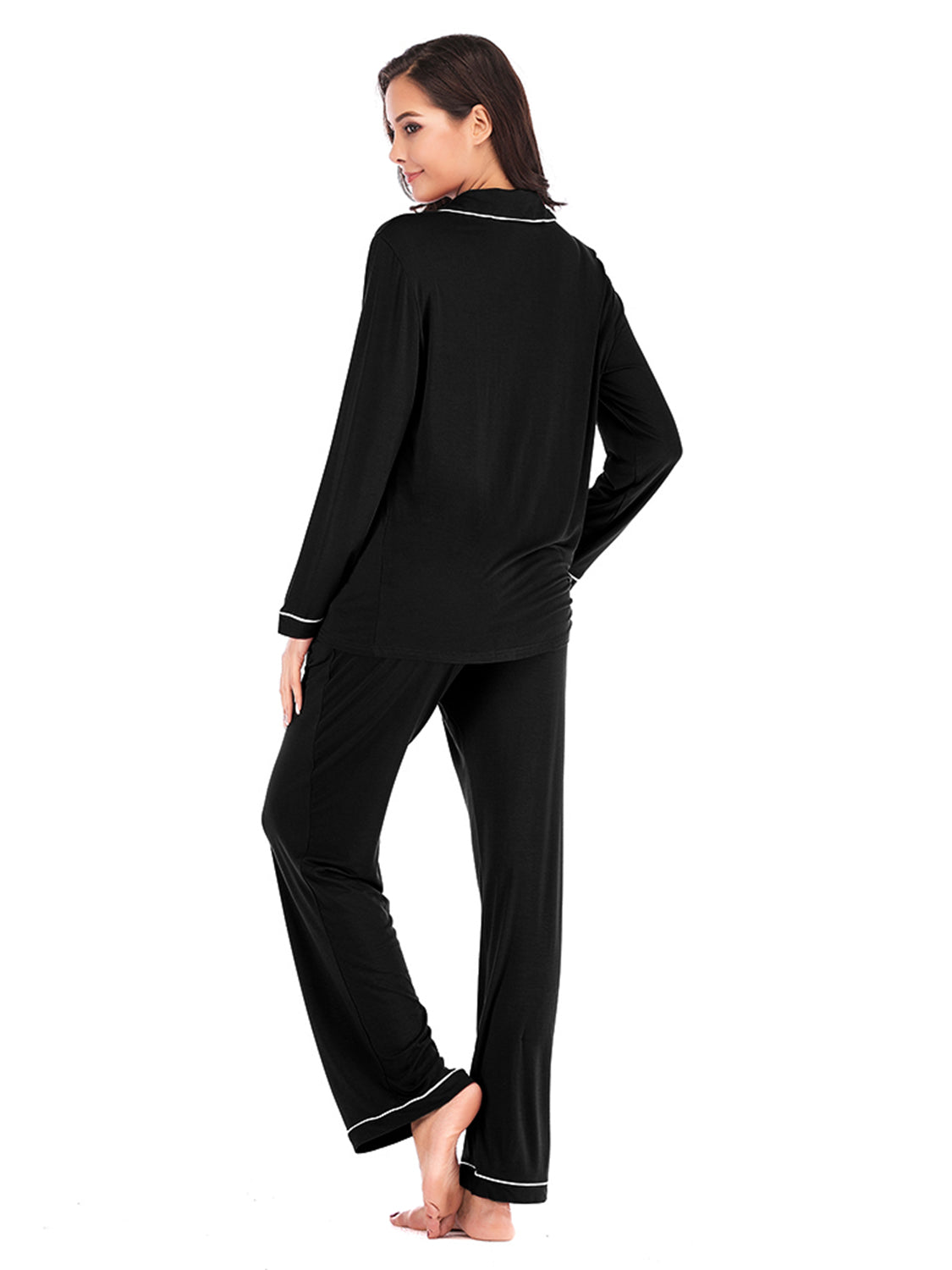 Collared Neck Long Sleeve Loungewear Set with Pockets - The Boutie Shop