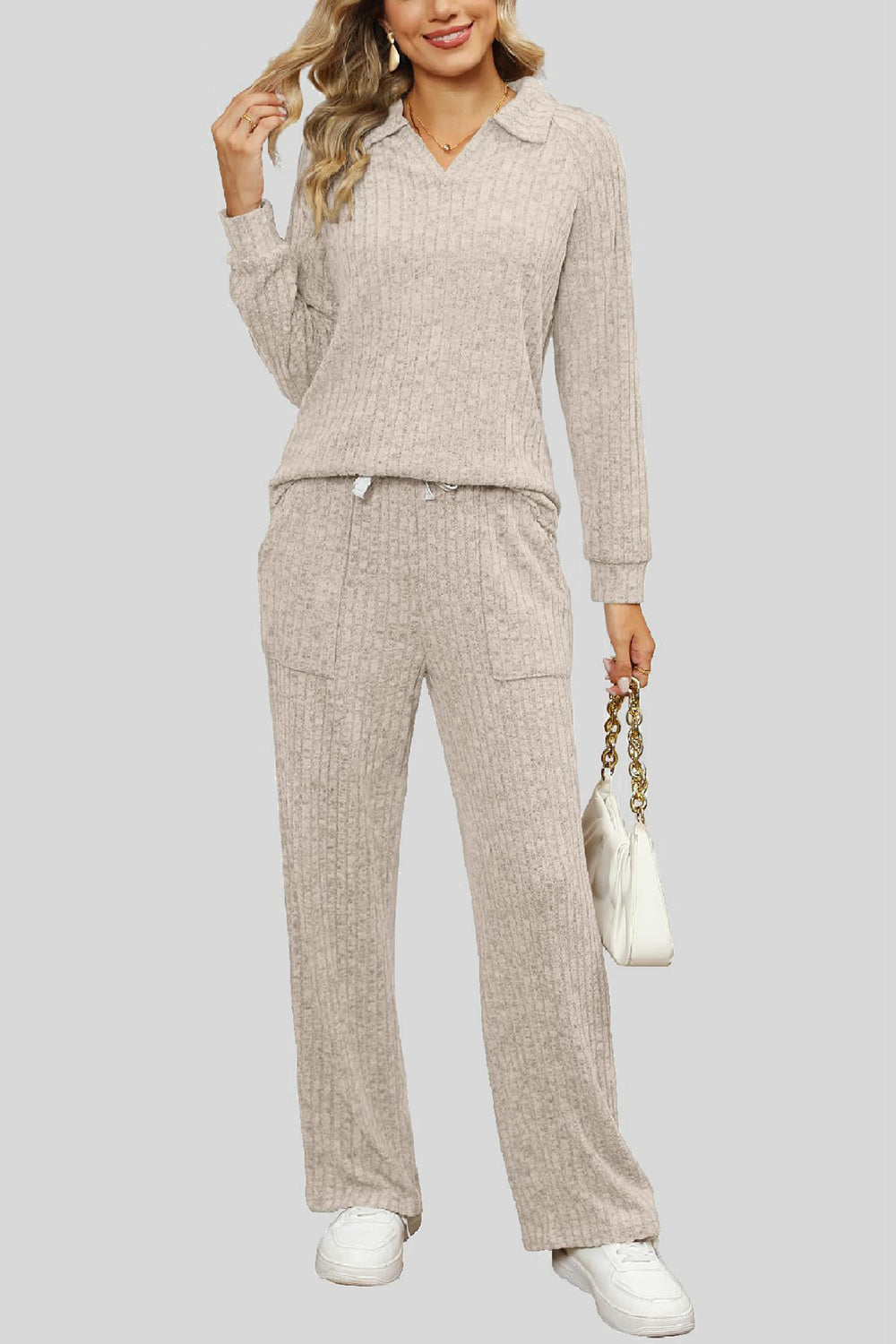 Ribbed Long Sleeve Top and Pocketed Pants Set - The Boutie Shop