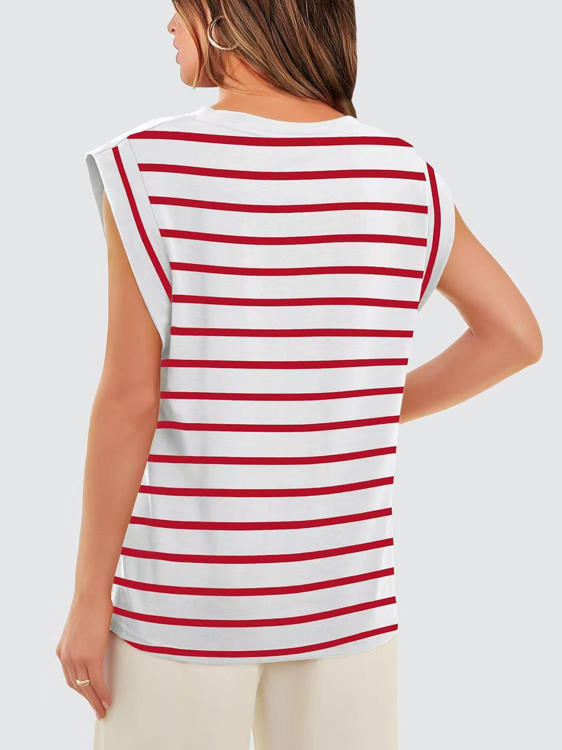 Striped Round Neck Cap Sleeve T-Shirt - The Boutie Shop