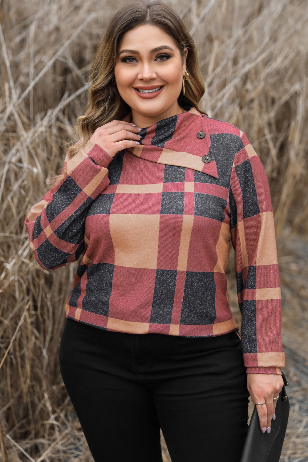 Plus Size Plaid Cowl Neck Long Sleeve Sweatshirt - The Boutie Shop