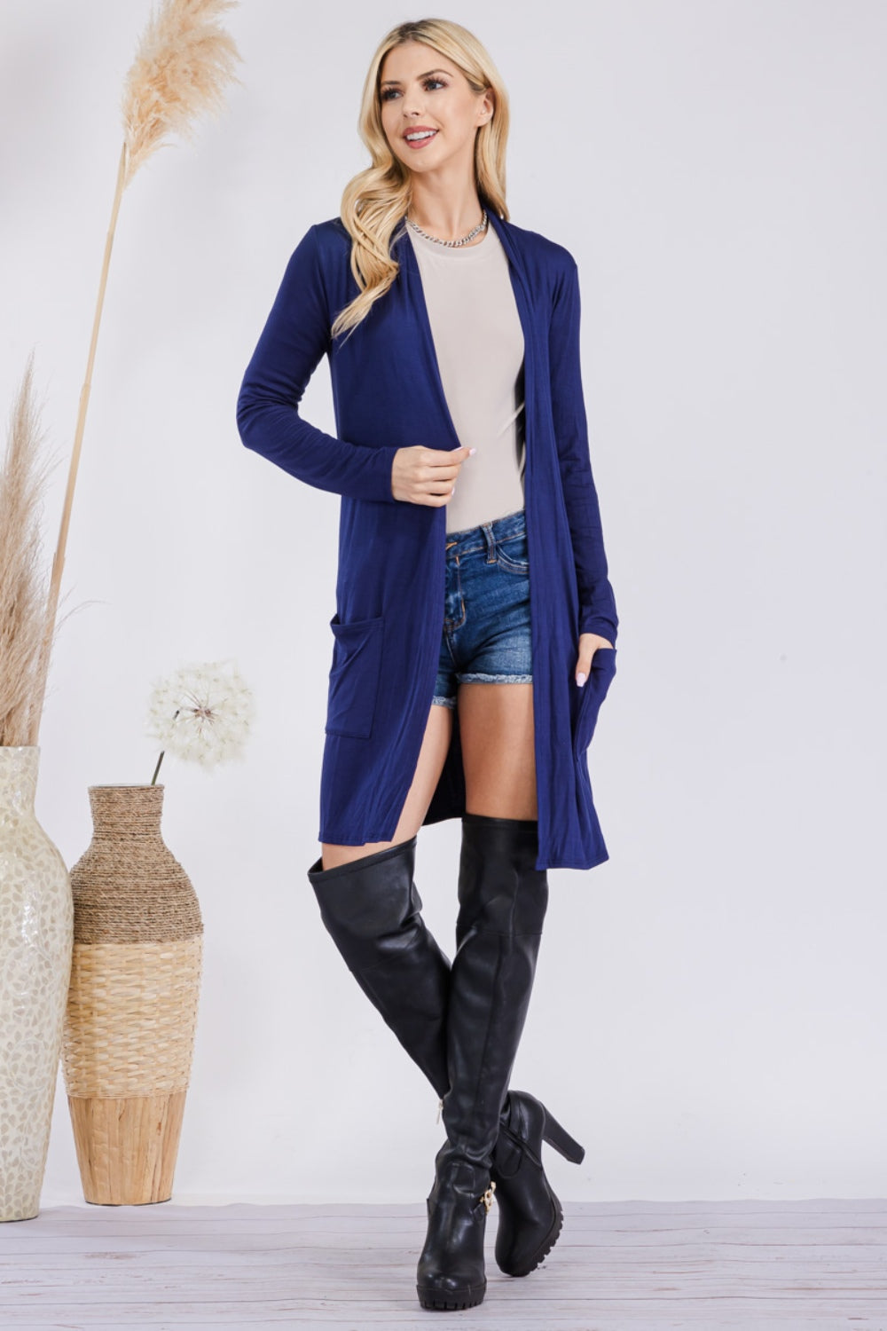 Celeste Full Size Open Front Cardigan with Pockets - The Boutie Shop