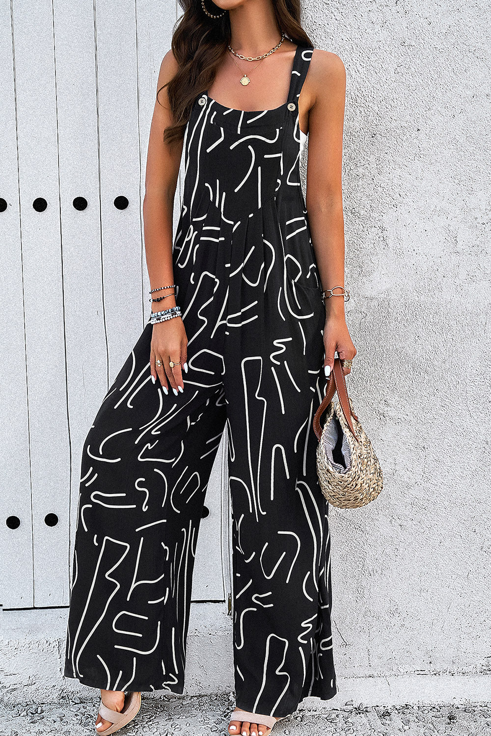 Devine Printed Wide Strap Jumpsuit with Pockets - The Boutie Shop