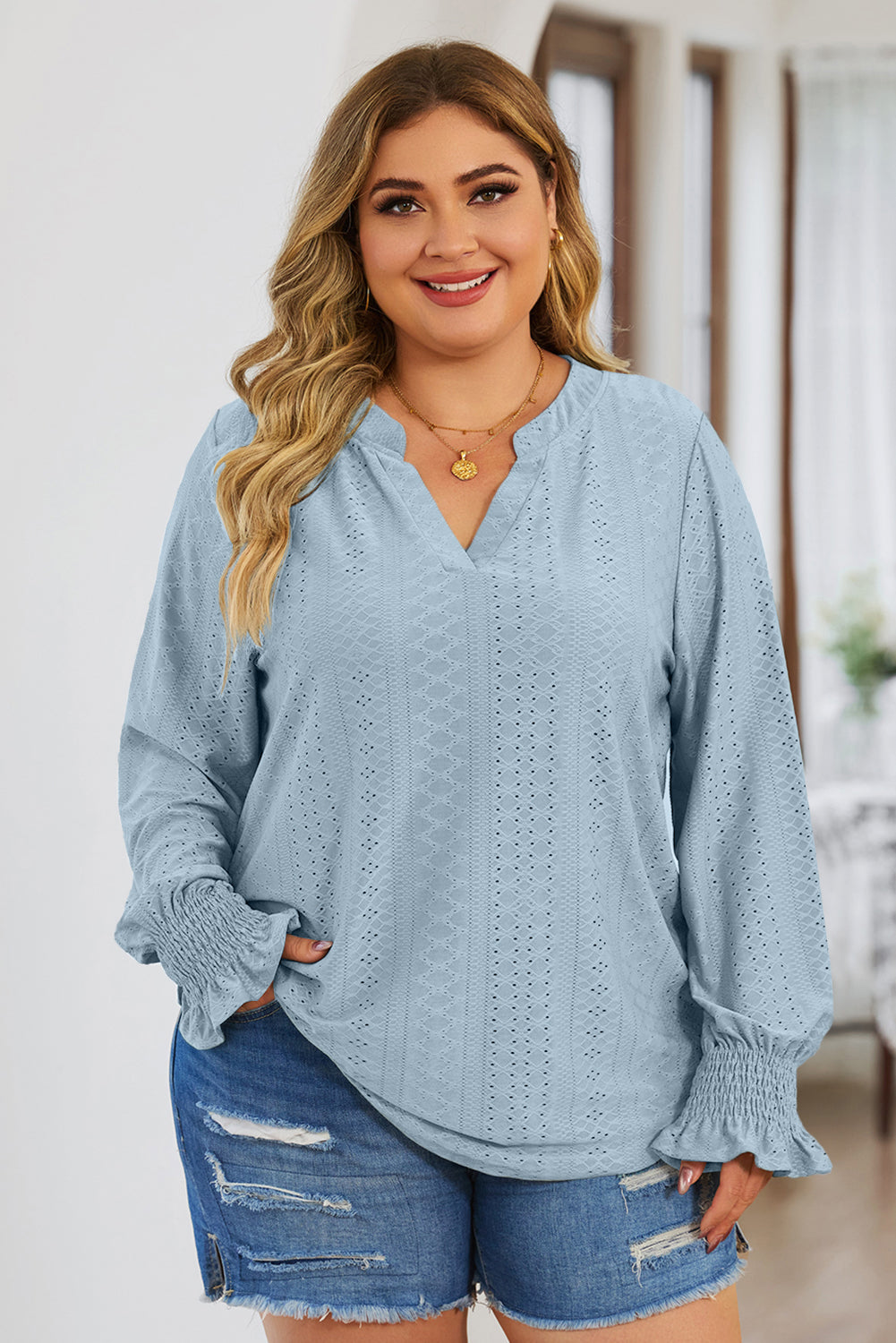 Plus Size Eyelet Notched Flounce Sleeve Blouse - The Boutie Shop