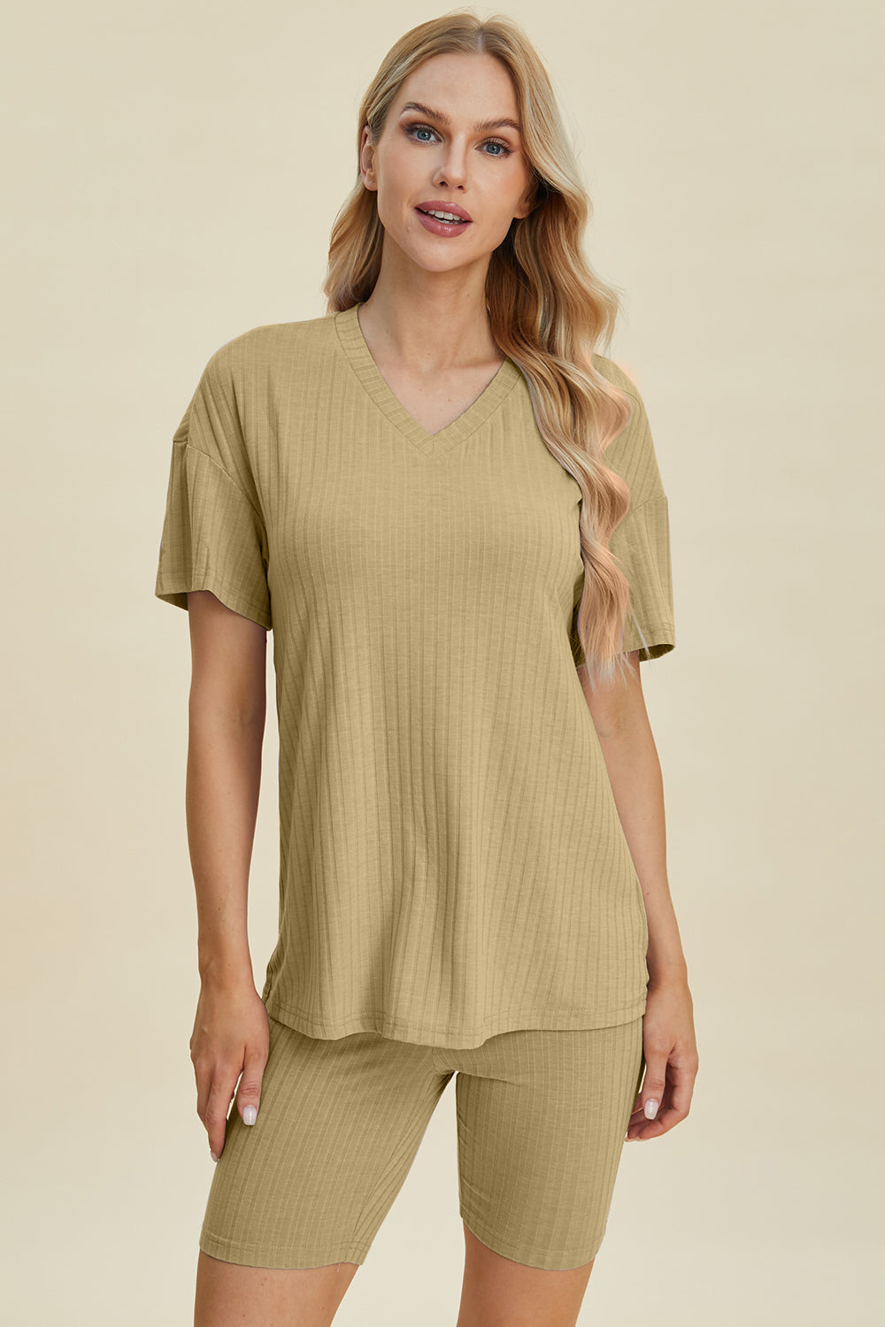 Basic Bae Full Size Ribbed V-Neck Short Sleeve Top and Shorts Set - The Boutie Shop