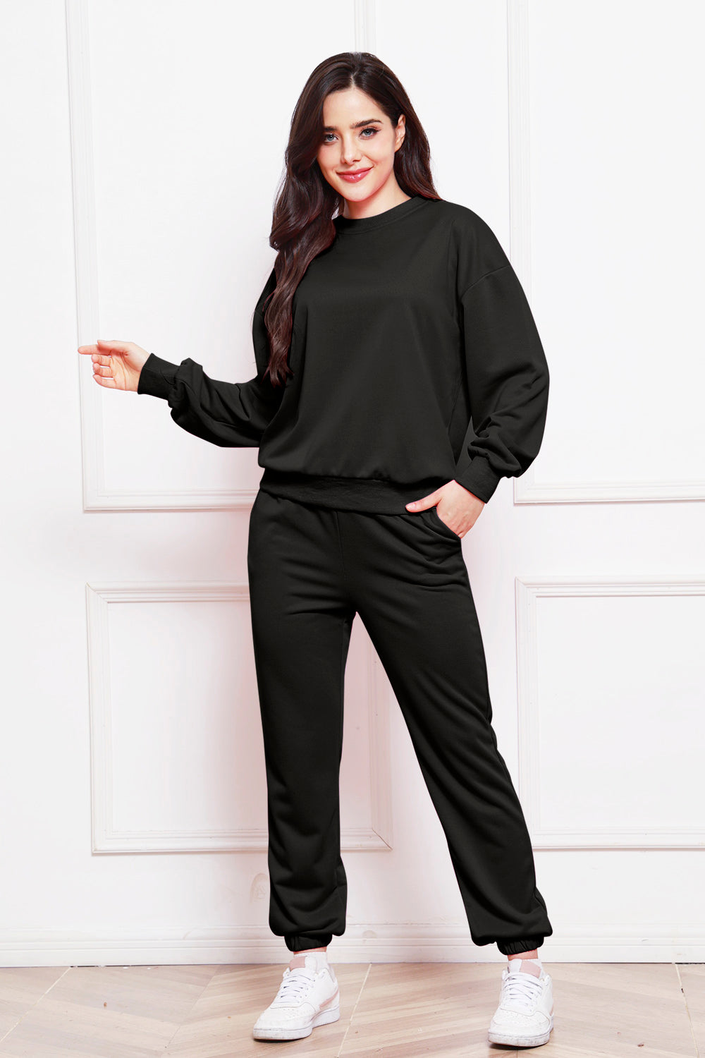 Round Neck Long Sleeve Sweatshirt and Pants Set - The Boutie Shop