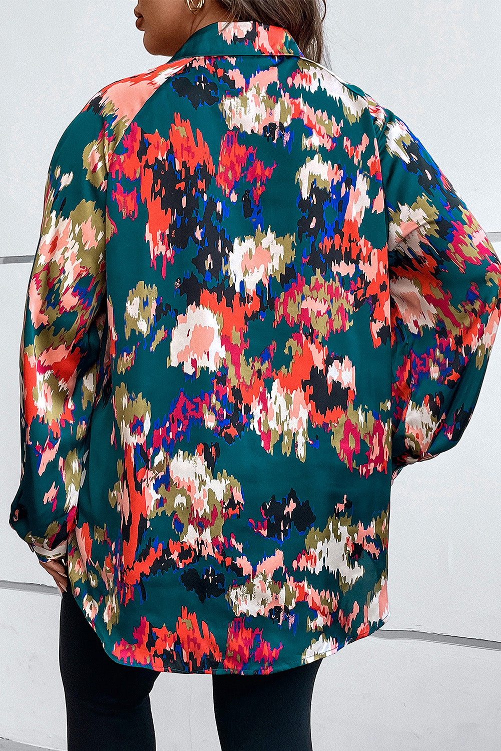 Plus Size Printed Johnny Collar Long Sleeve Blouse - The Boutie Shop