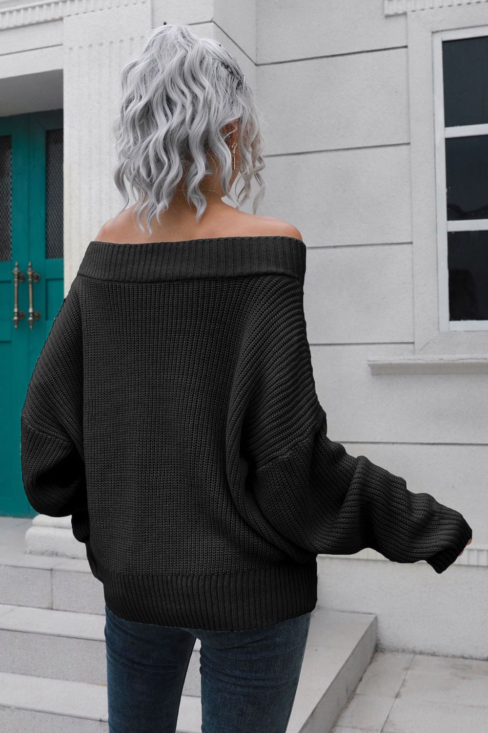 Off-Shoulder Ribbed Long Sleeve Pullover Sweater - The Boutie Shop
