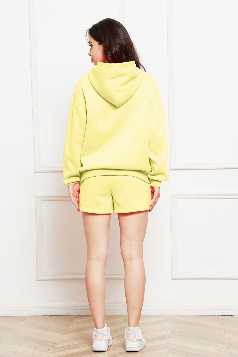 Drop Shoulder Long Sleeve Hoodie and Shorts Set - The Boutie Shop