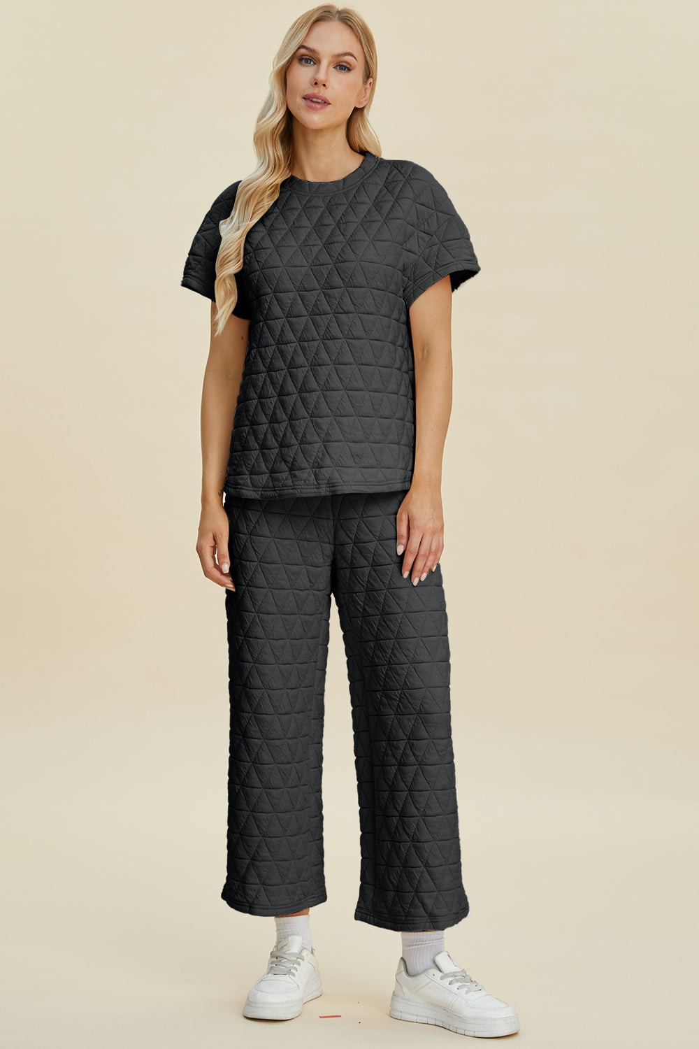 Double Take Full Size Texture Round Neck Short Sleeve Top and Pants Set - The Boutie Shop