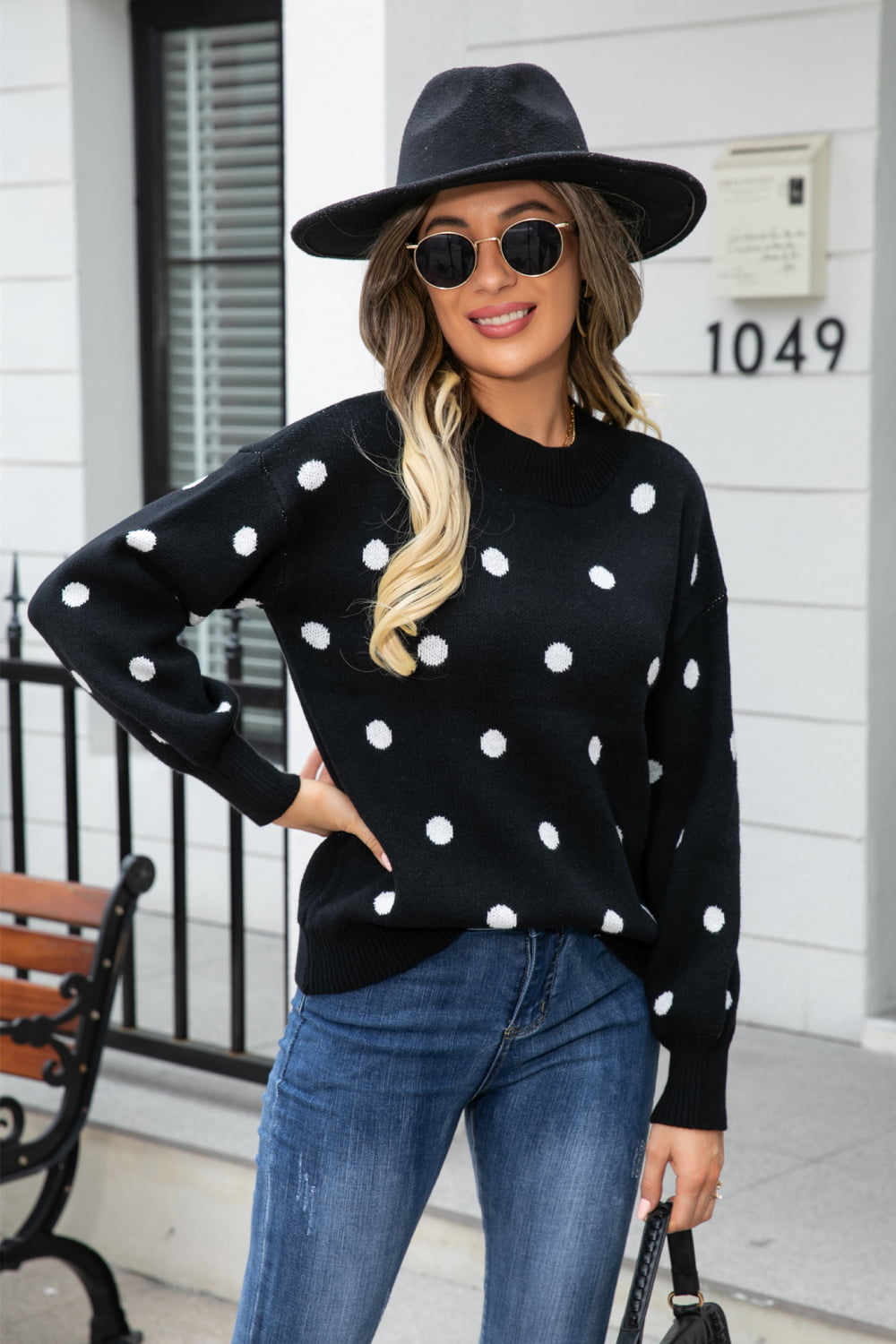 Angel Wings Woven Right Polka Dot Round Neck Dropped Shoulder Sweater - The Boutie Shop