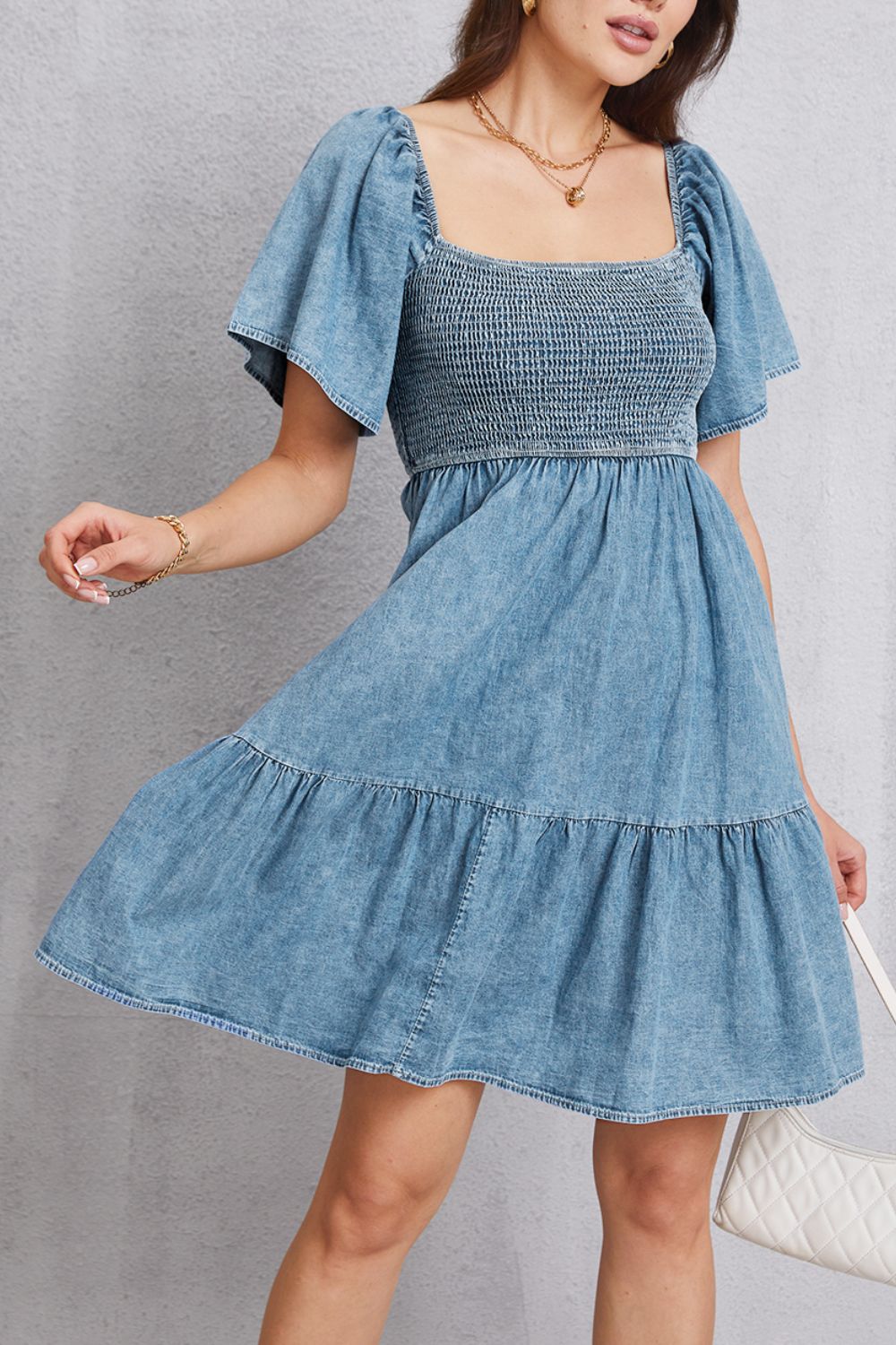 Smocked Square Neck Mini Denim Dress - The Boutie Shop