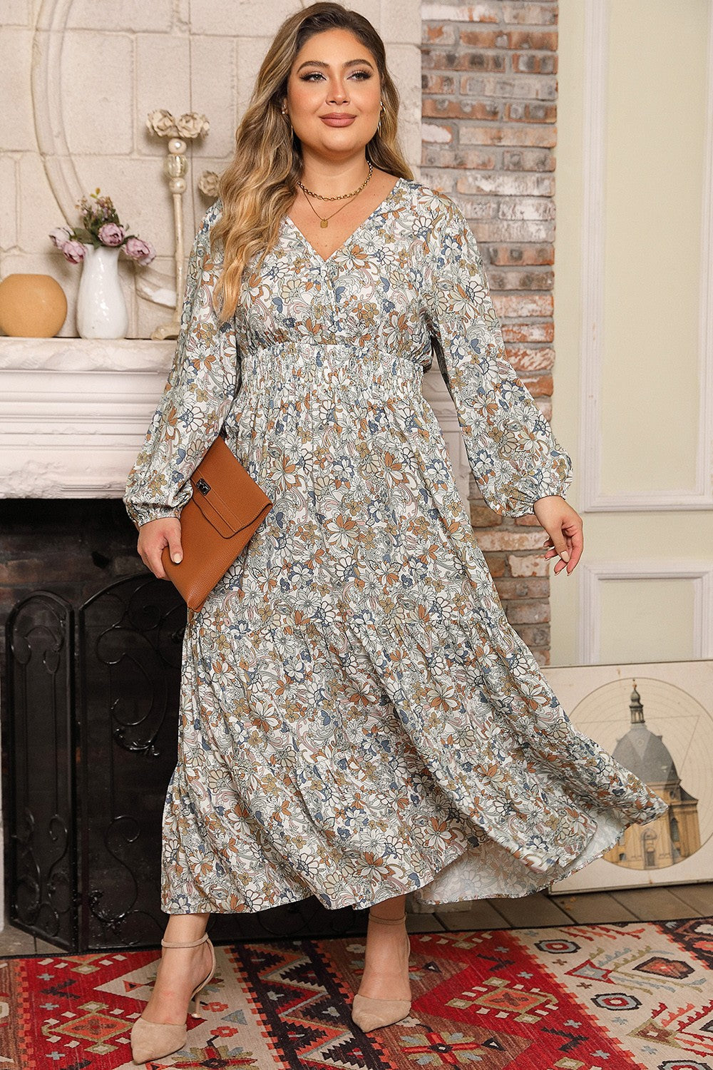 Plus Size Printed Balloon Sleeve Ruffle Hem Dress - The Boutie Shop