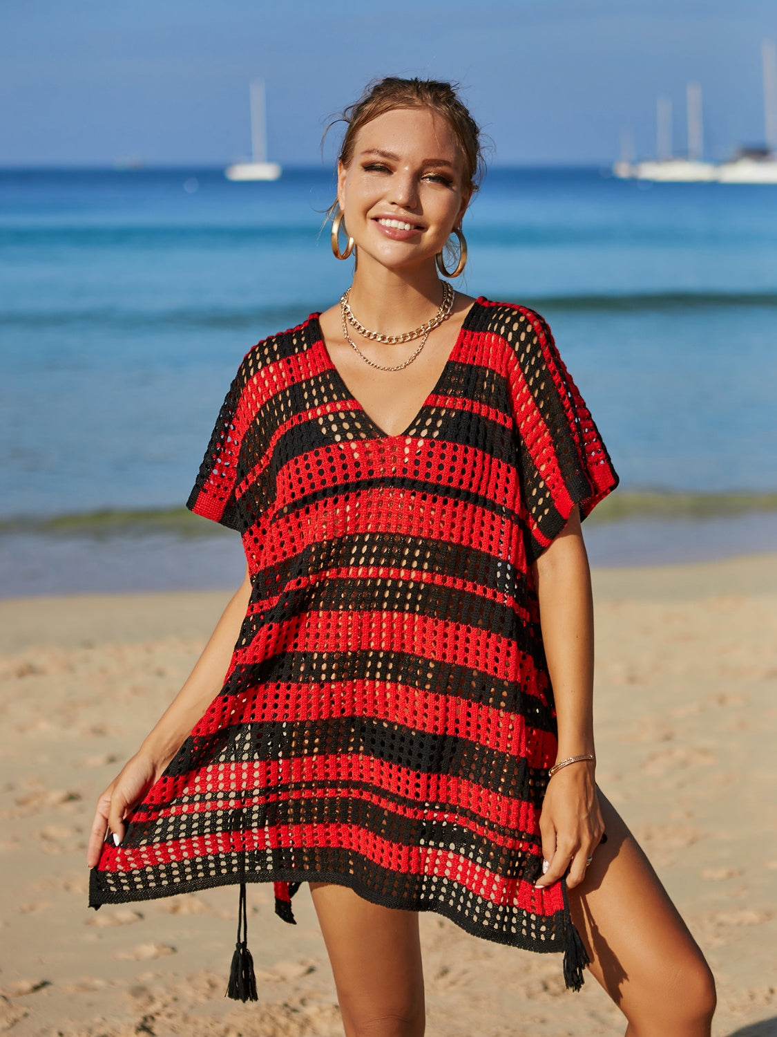 Angel Wings Tassel Openwork Striped V-Neck Cover Up - The Boutie Shop