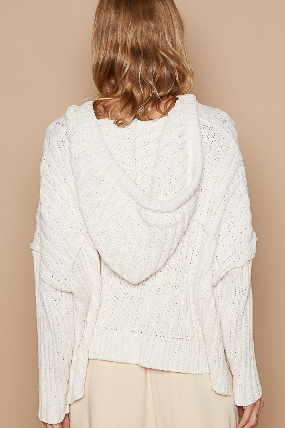 POL Rib Weave Sleeves Hooded Cable Knit Sweater - The Boutie Shop