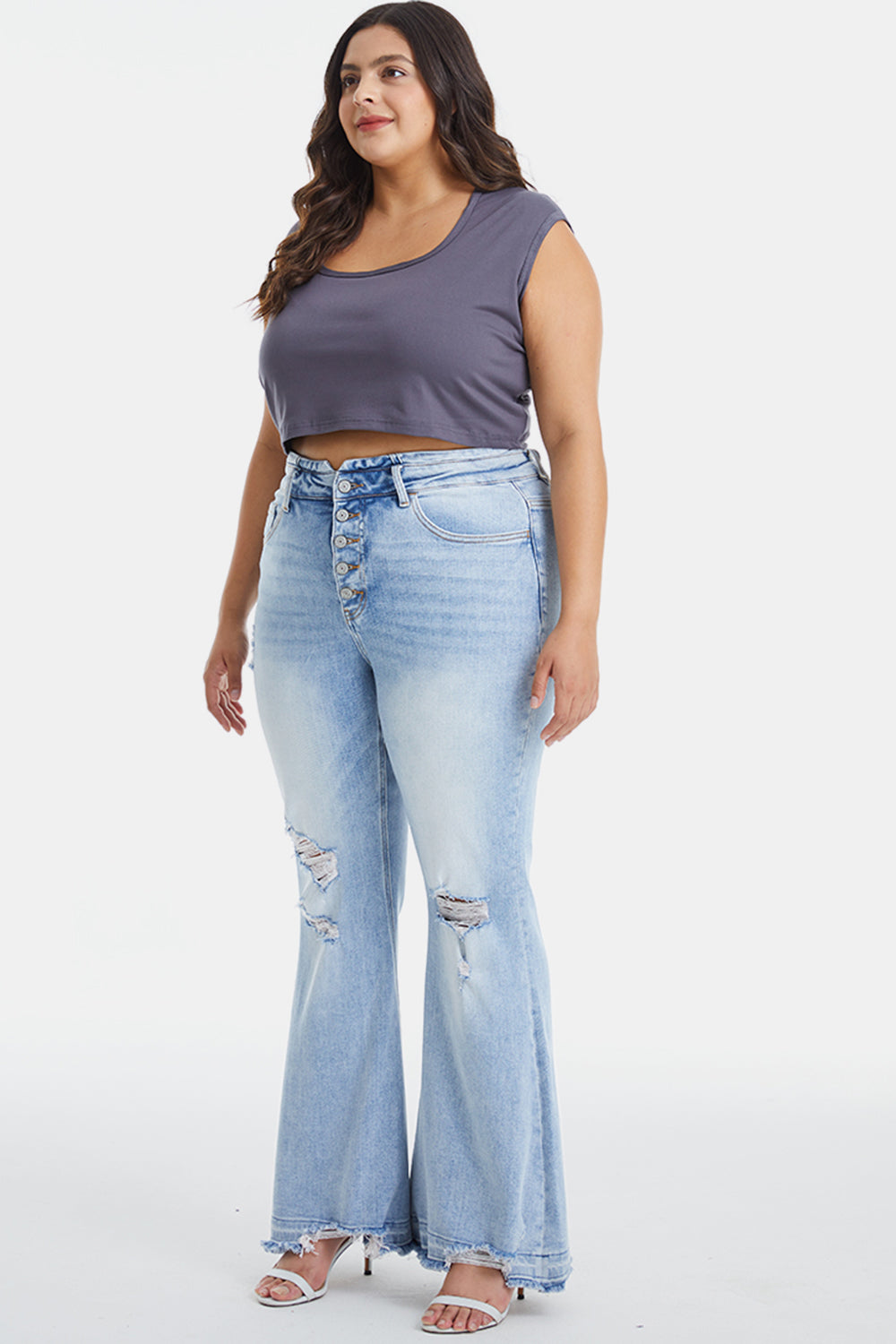 BAYEAS Full Size Distressed Raw Hem High Waist Flare Jeans - The Boutie Shop