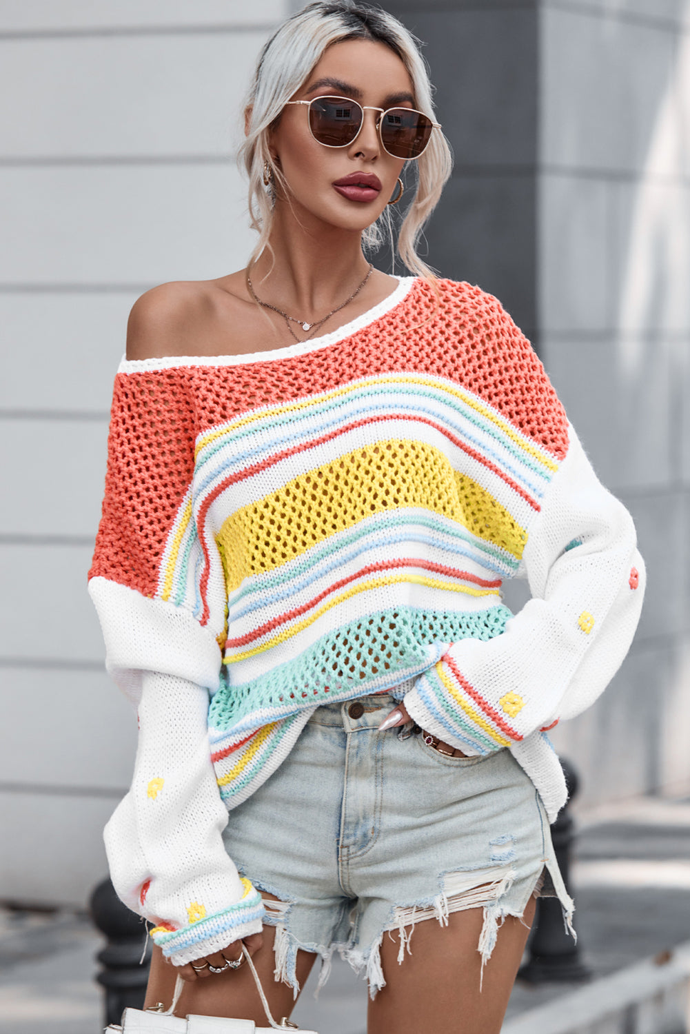 Openwork Striped Round Neck Long Sleeve Sweater - The Boutie Shop