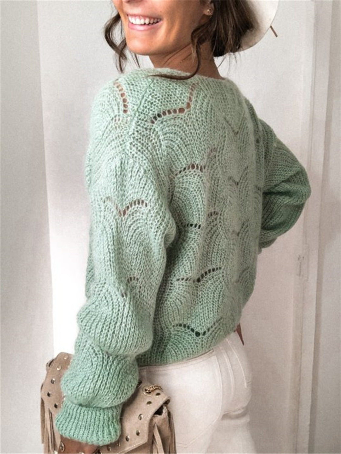 Openwork Button Up Long Sleeve Cardigan - The Boutie Shop