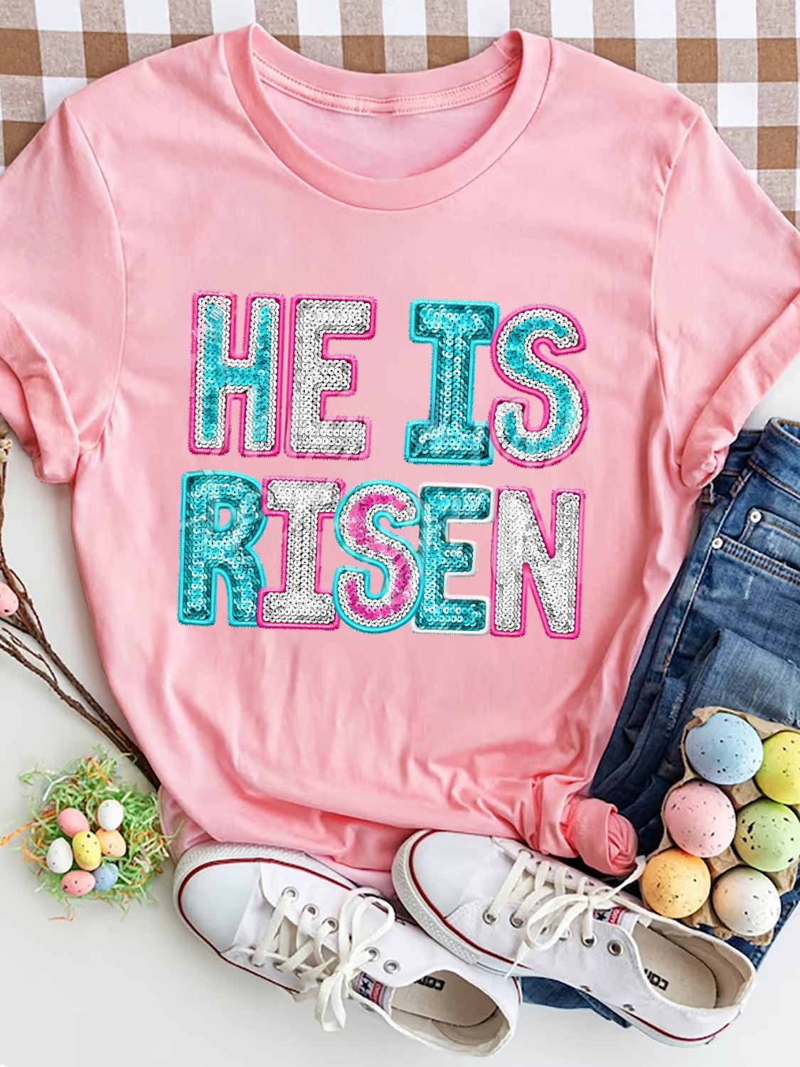 HE IS RISEN Sequin Round Neck T-Shirt - The Boutie Shop