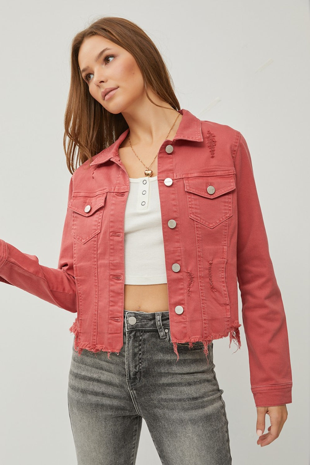 RISEN Raw Hem Button Up Cropped Denim Jacket - The Boutie Shop