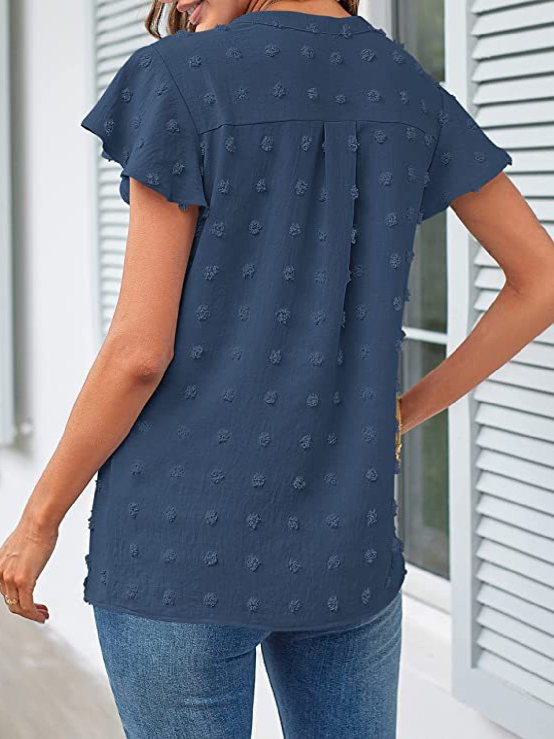 Swiss Dot Notched Cap Sleeve Blouse - The Boutie Shop