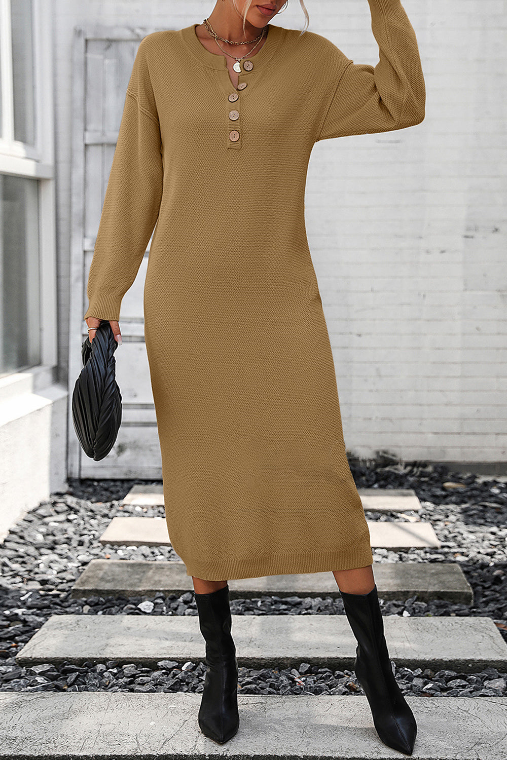 Decorative Button Notched Dropped Shoulder Sweater Dress - The Boutie Shop