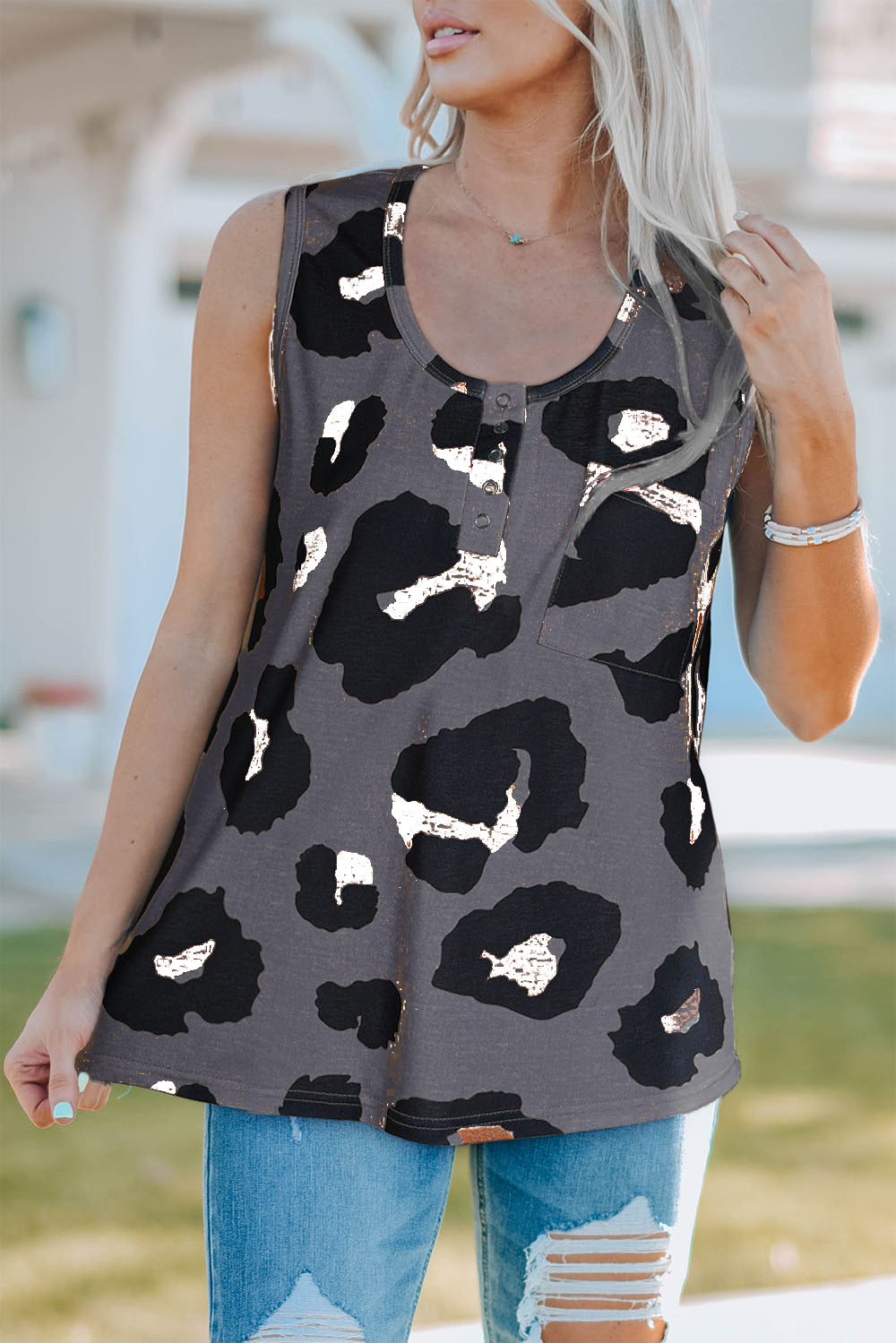 Pocketed Leopard Round Neck Tank - The Boutie Shop