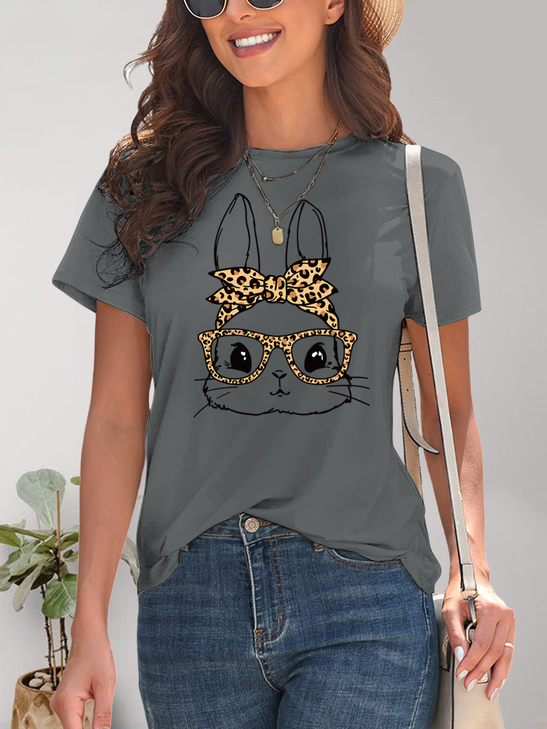 Rabbit Graphic Round Neck Short Sleeve T-Shirt - The Boutie Shop