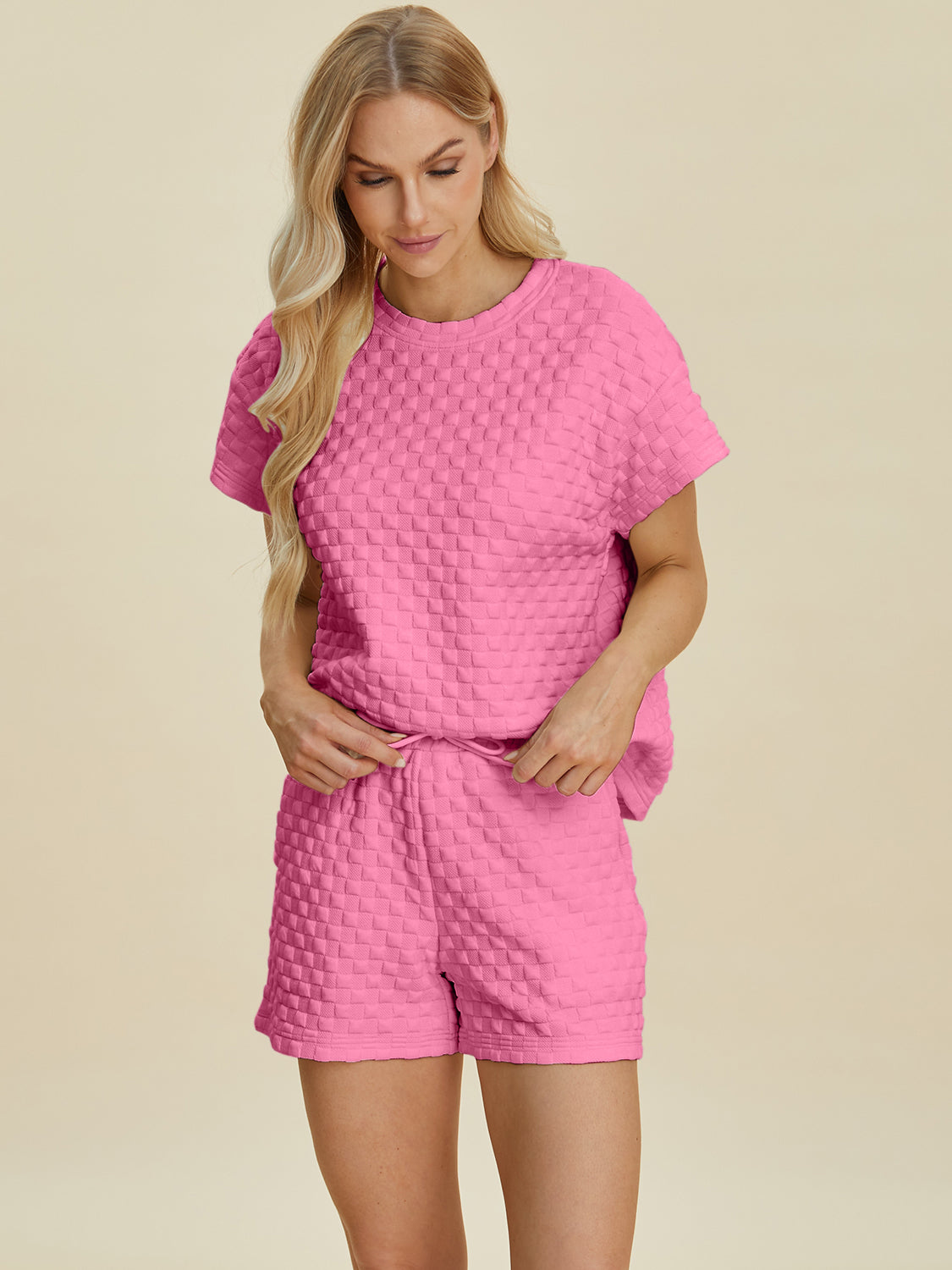 Double Take Full Size Texture T-Shirt and Shorts Set - The Boutie Shop