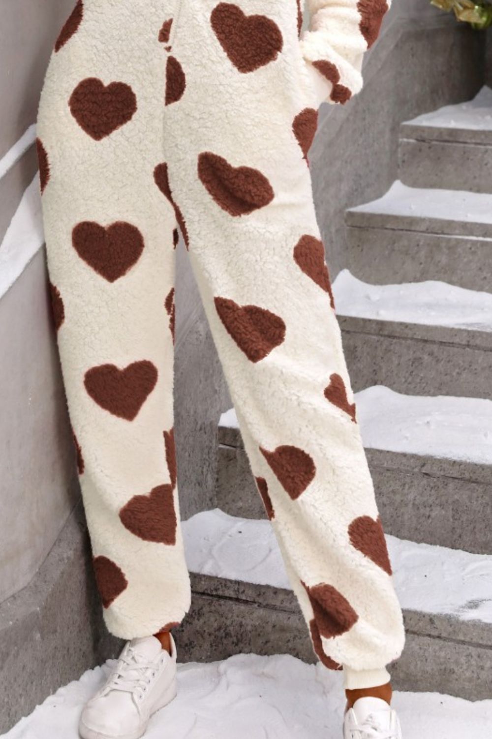 Fuzzy Heart Zip Up Hooded Lounge Jumpsuit - The Boutie Shop