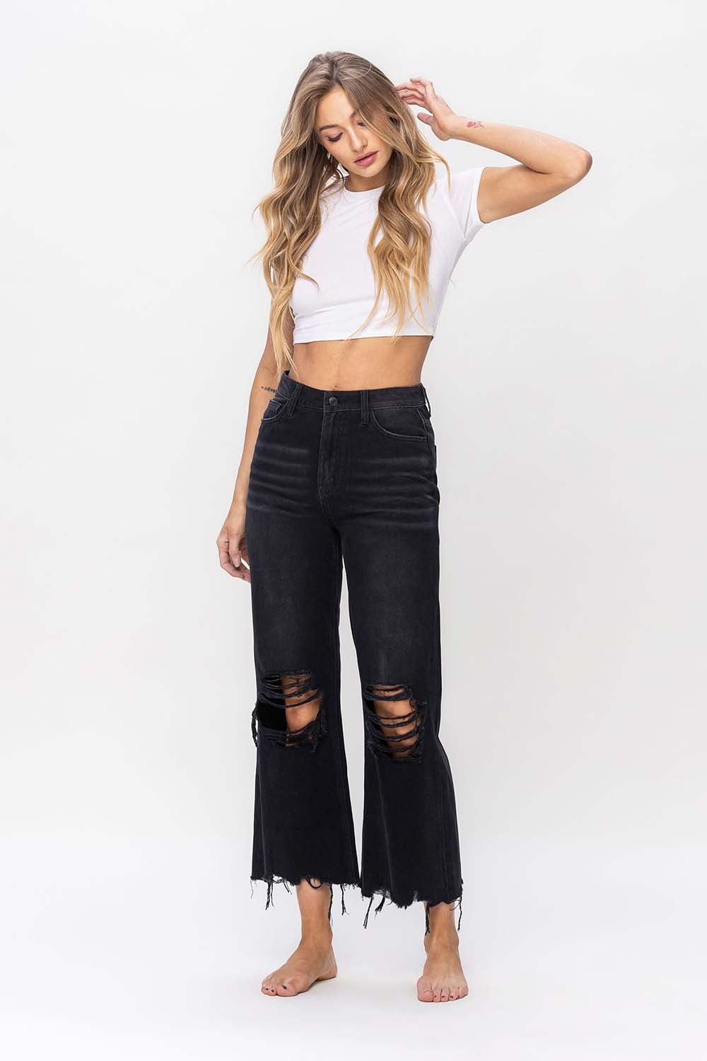 Vervet by Flying Monkey Vintage Ultra High Waist Distressed Crop Flare Jeans - The Boutie Shop