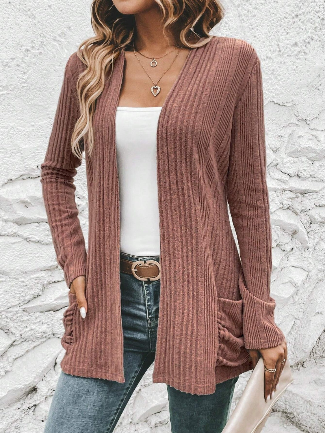 Ribbed Open Front Cardigan with Pockets - The Boutie Shop