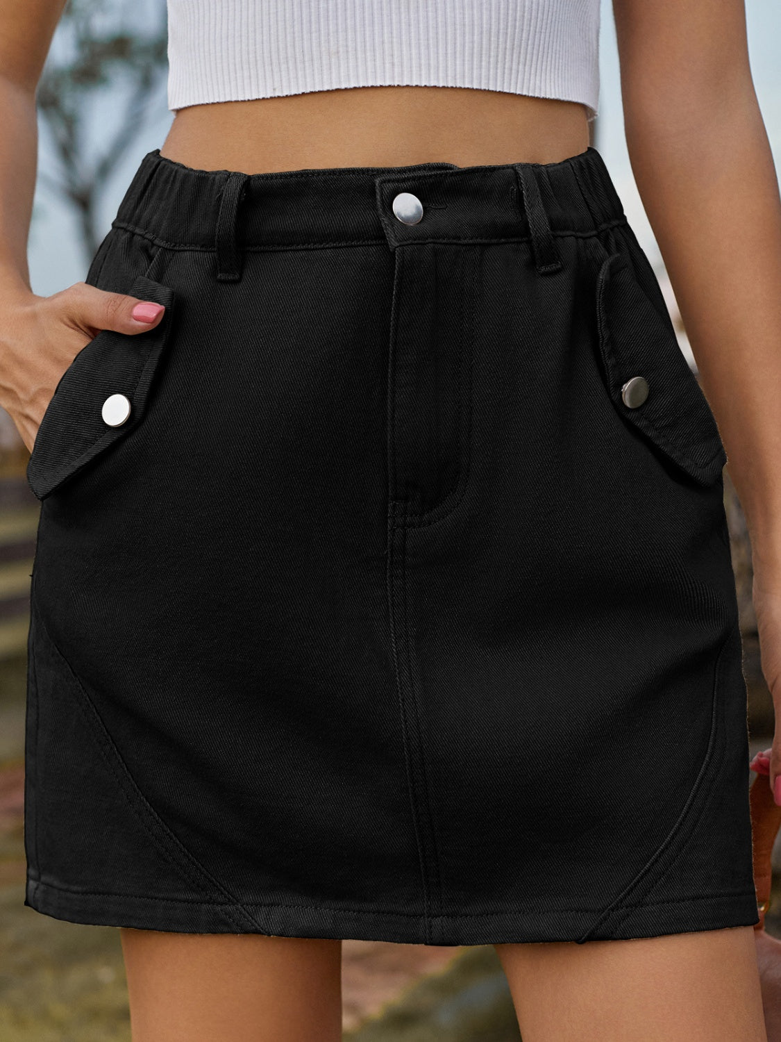 Pocketed Buttoned Mini Denim Skirt - The Boutie Shop