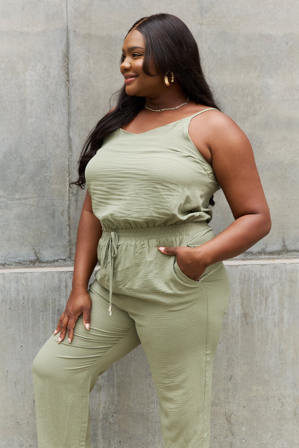 ODDI Full Size Textured Woven Jumpsuit in Sage - The Boutie Shop