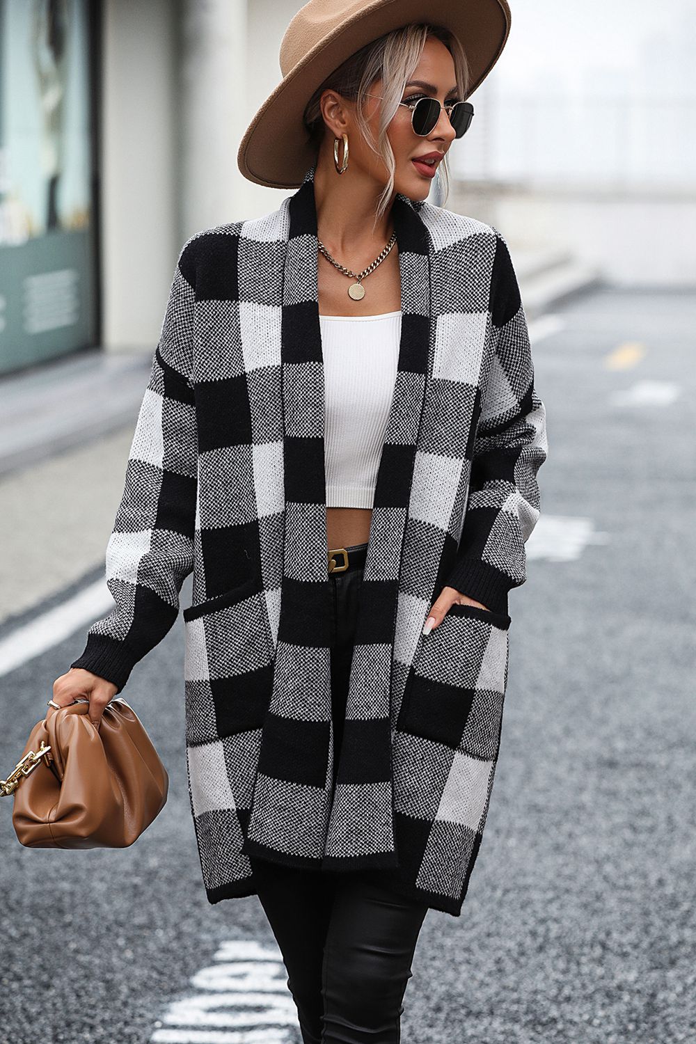 Plaid Dropped Shoulder Cardigan with Pocket - The Boutie Shop