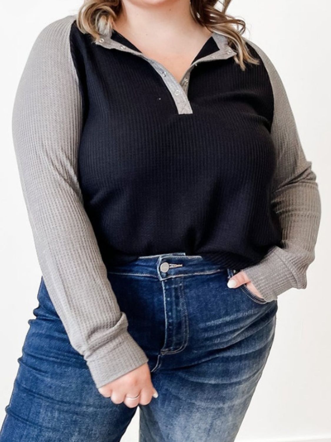 Plus Size Waffle-Knit Half Snap Long Sleeve Shirt - The Boutie Shop