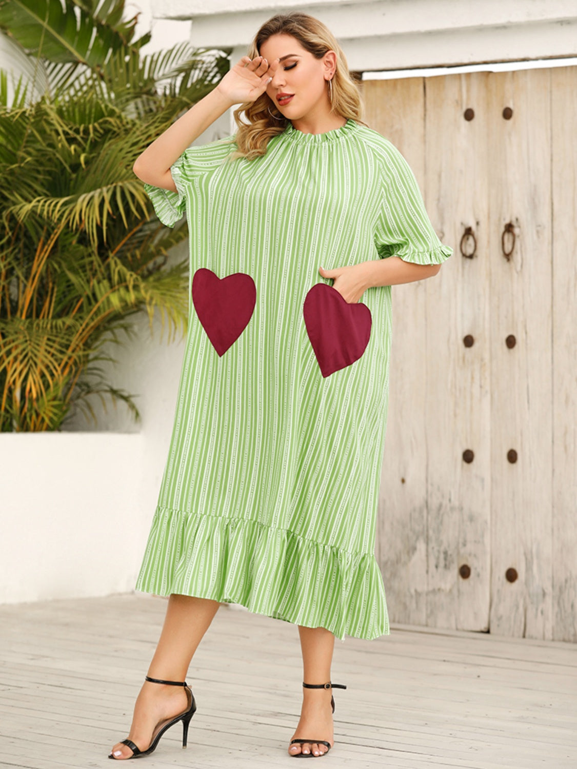 Plus Size Frill Heart Striped Half Sleeve Dress - The Boutie Shop