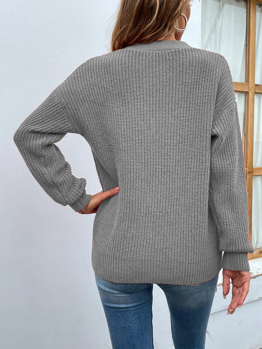 Cutout V-Neck Rib-Knit Sweater - The Boutie Shop